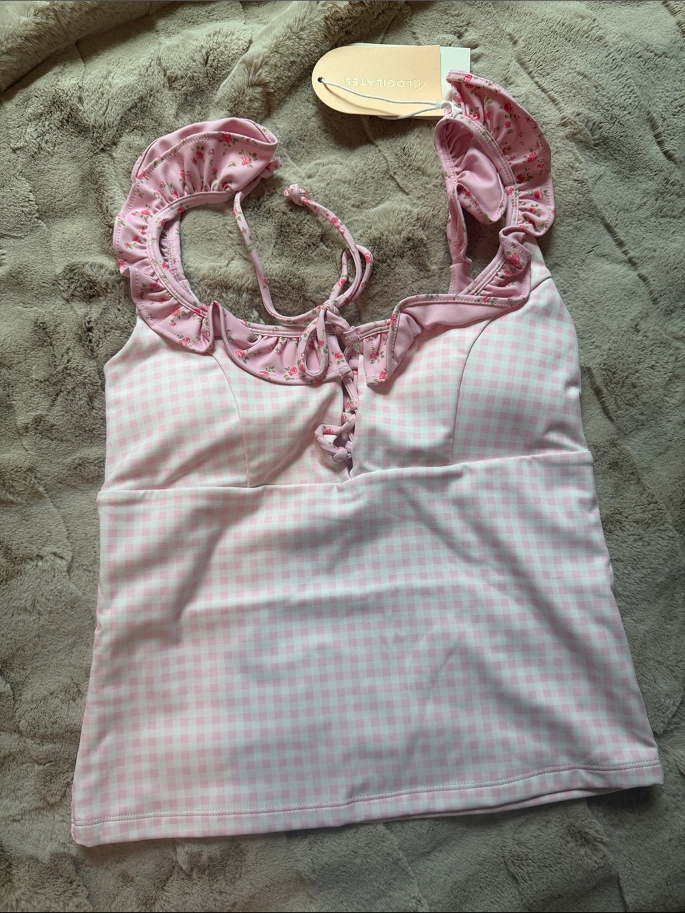 Blogilates Pink Gingham Ruffle Lace Up Tank Top